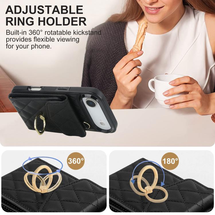 For iPhone Air Rhombic Texture Card Bag Phone Case with Long Lanyard