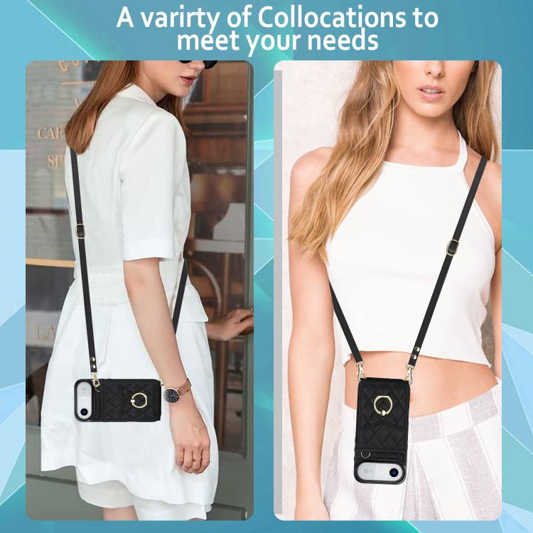 For iPhone Air Rhombic Texture Card Bag Phone Case with Long Lanyard
