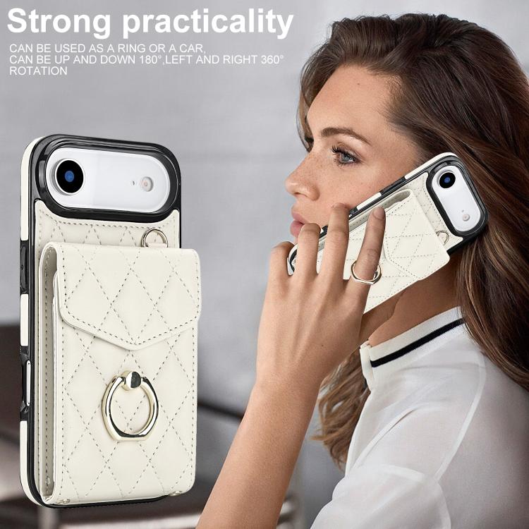 For iPhone Air Rhombic Texture Card Bag Phone Case with Long Lanyard