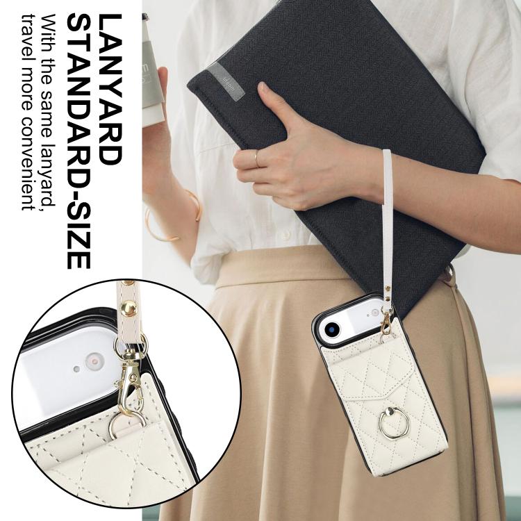 For iPhone Air Rhombic Texture Card Bag Phone Case with Long Lanyard