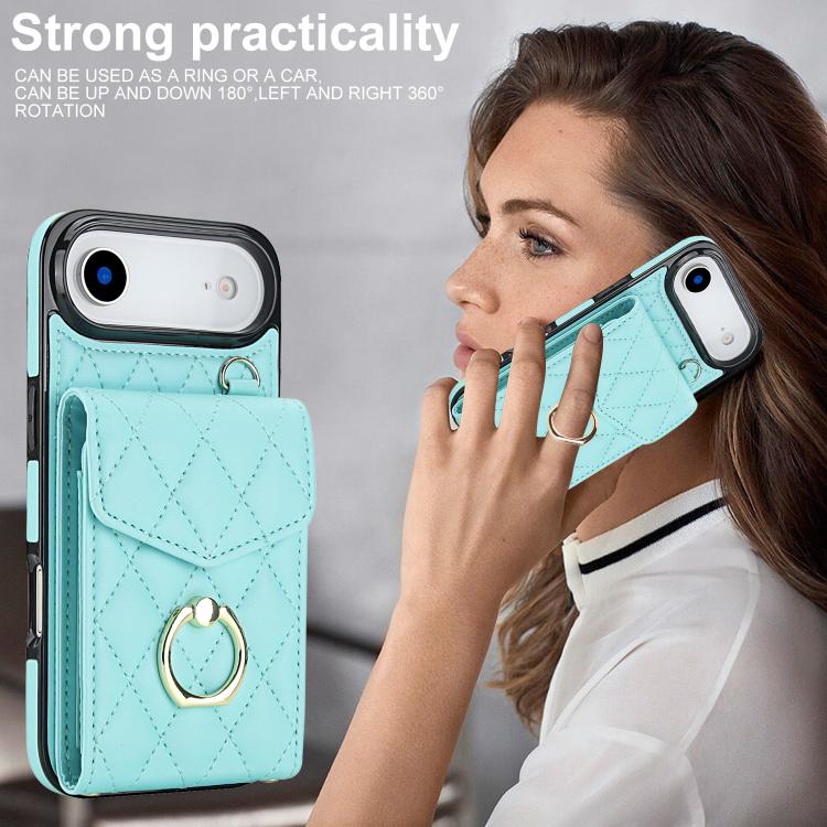 For iPhone Air Rhombic Texture Card Bag Phone Case with Long Lanyard