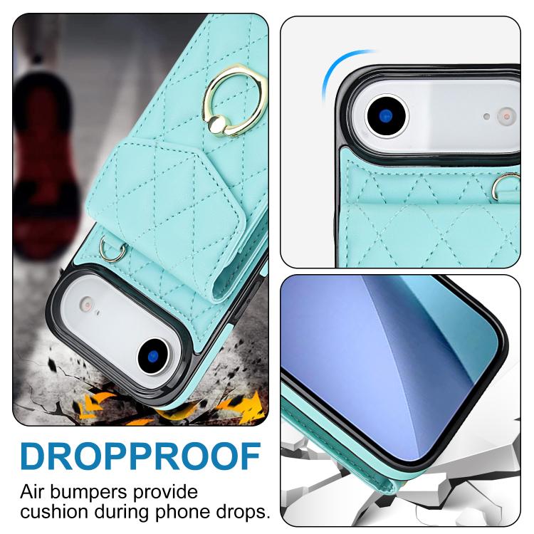 For iPhone Air Rhombic Texture Card Bag Phone Case with Long Lanyard