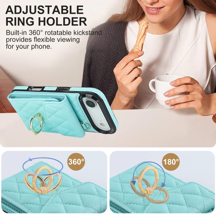 For iPhone Air Rhombic Texture Card Bag Phone Case with Long Lanyard