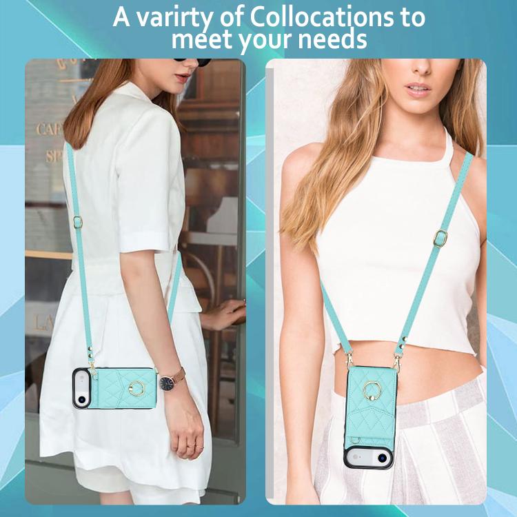 For iPhone Air Rhombic Texture Card Bag Phone Case with Long Lanyard