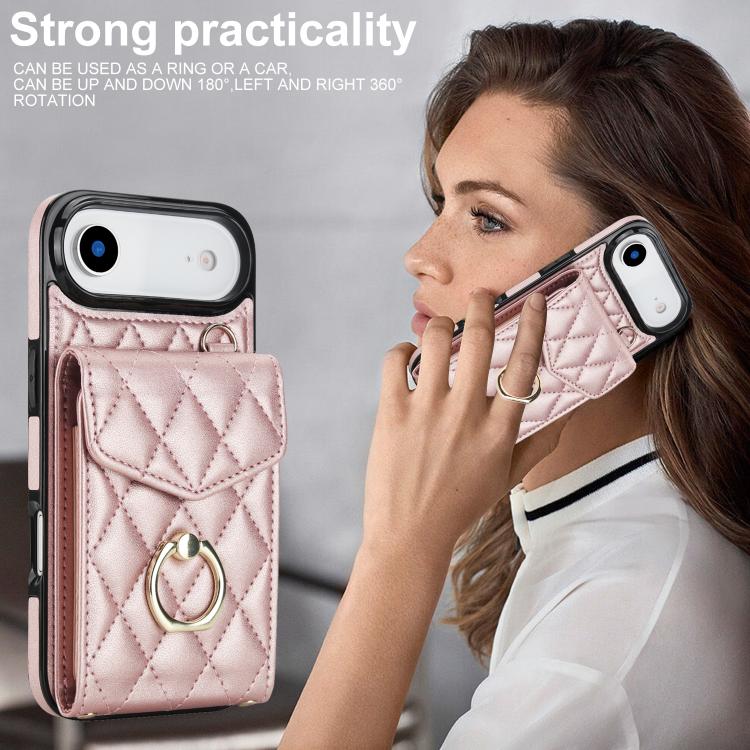 For iPhone Air Rhombic Texture Card Bag Phone Case with Long Lanyard