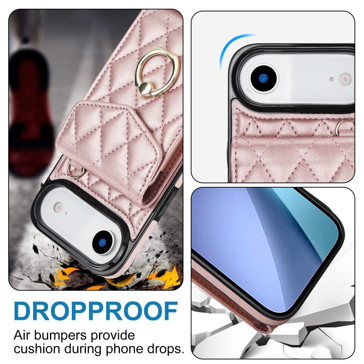 For iPhone Air Rhombic Texture Card Bag Phone Case with Long Lanyard