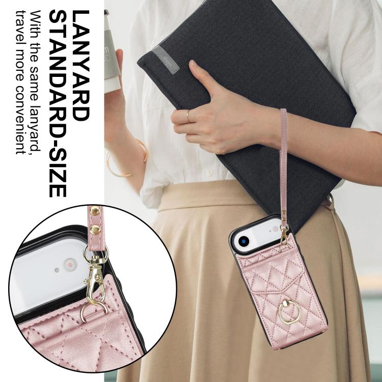 For iPhone Air Rhombic Texture Card Bag Phone Case with Long Lanyard