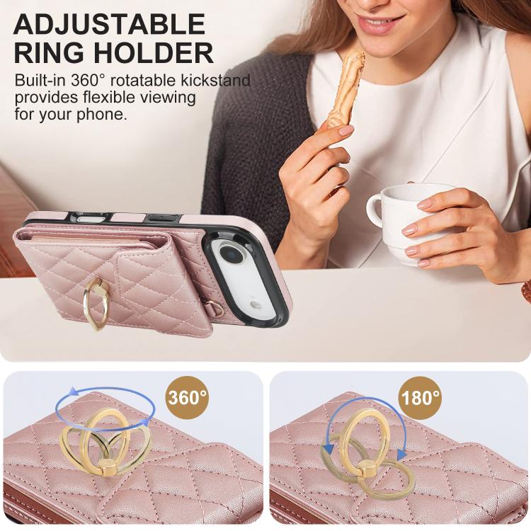 For iPhone Air Rhombic Texture Card Bag Phone Case with Long Lanyard