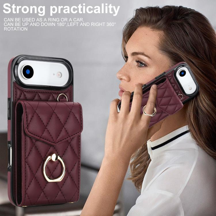 For iPhone Air Rhombic Texture Card Bag Phone Case with Long Lanyard