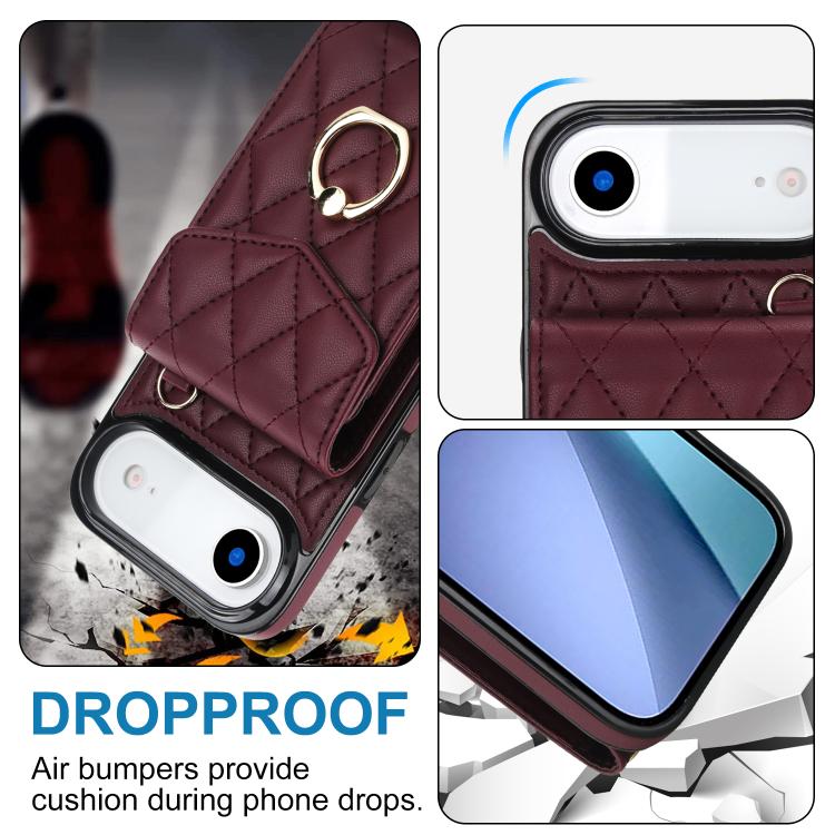 For iPhone Air Rhombic Texture Card Bag Phone Case with Long Lanyard