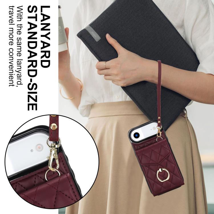 For iPhone Air Rhombic Texture Card Bag Phone Case with Long Lanyard