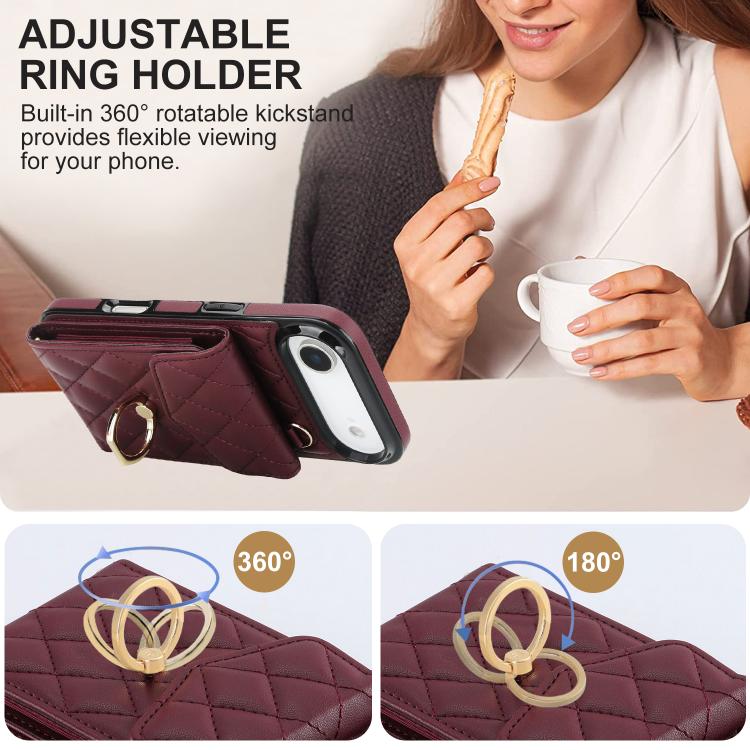 For iPhone Air Rhombic Texture Card Bag Phone Case with Long Lanyard