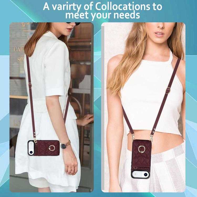 For iPhone Air Rhombic Texture Card Bag Phone Case with Long Lanyard