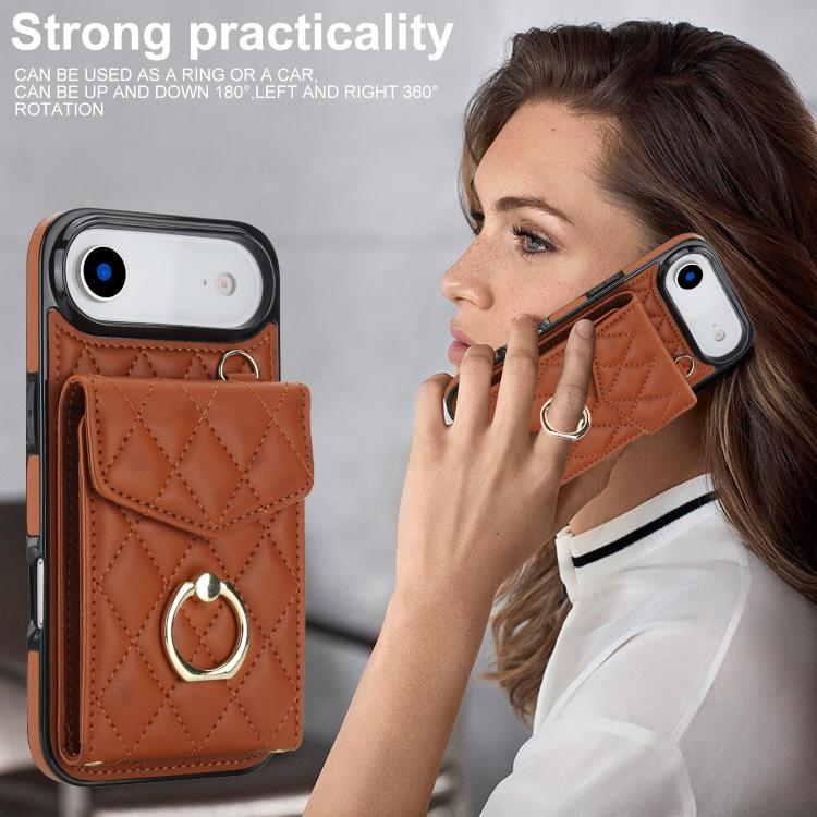 For iPhone Air Rhombic Texture Card Bag Phone Case with Long Lanyard