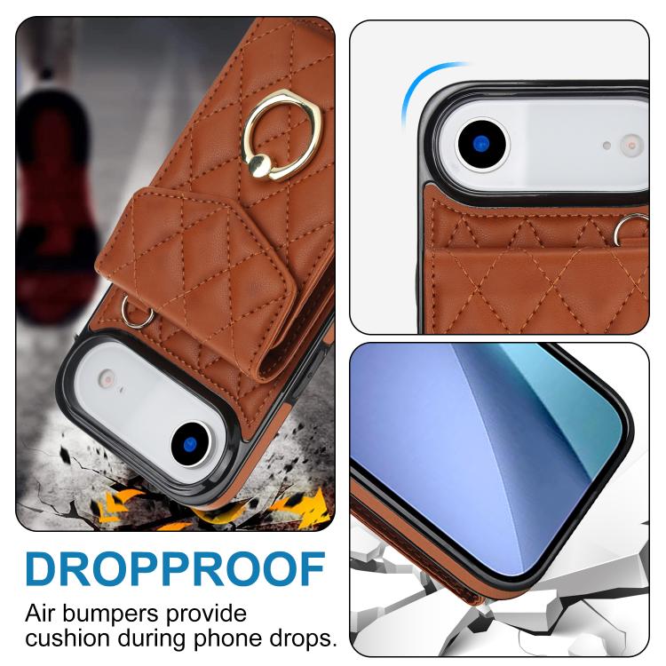 For iPhone Air Rhombic Texture Card Bag Phone Case with Long Lanyard