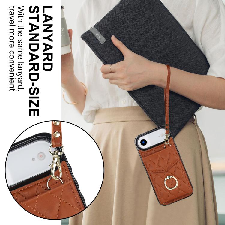 For iPhone Air Rhombic Texture Card Bag Phone Case with Long Lanyard