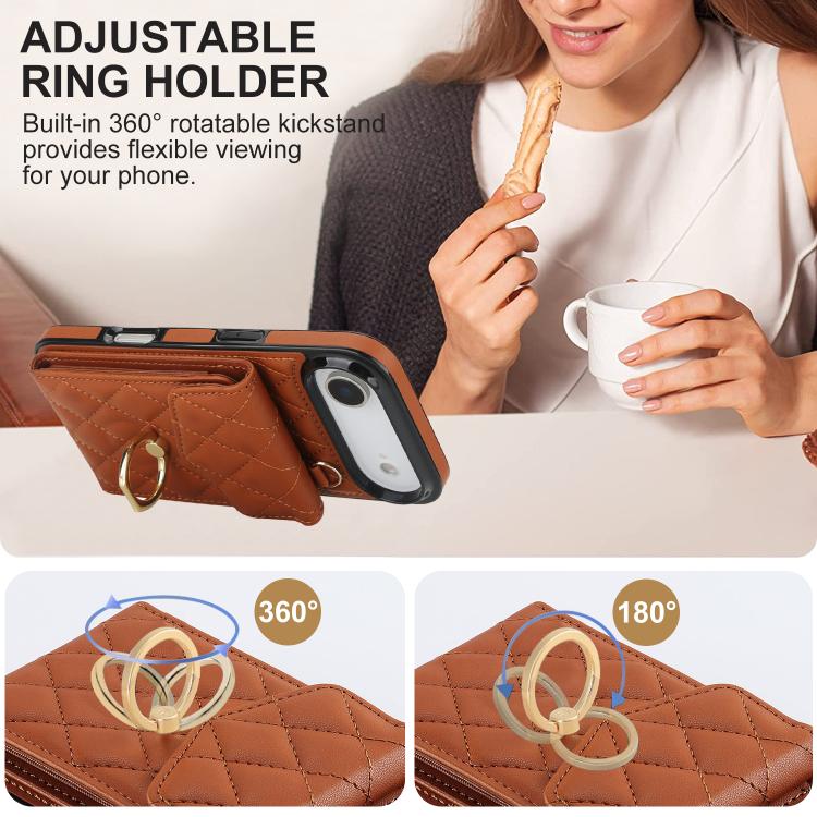 For iPhone Air Rhombic Texture Card Bag Phone Case with Long Lanyard