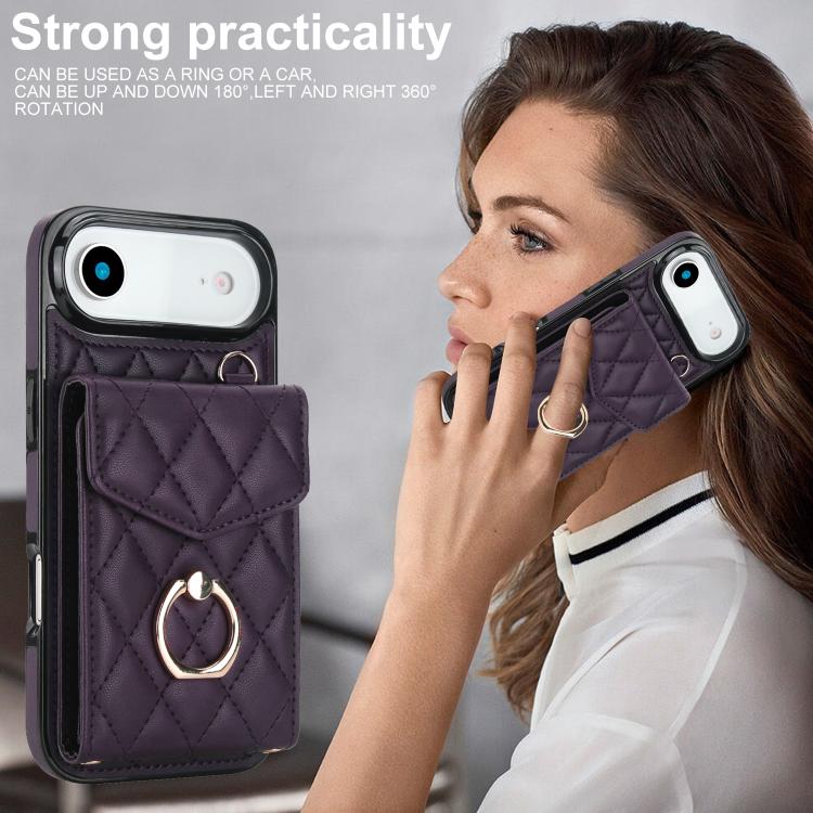 For iPhone Air Rhombic Texture Card Bag Phone Case with Long Lanyard