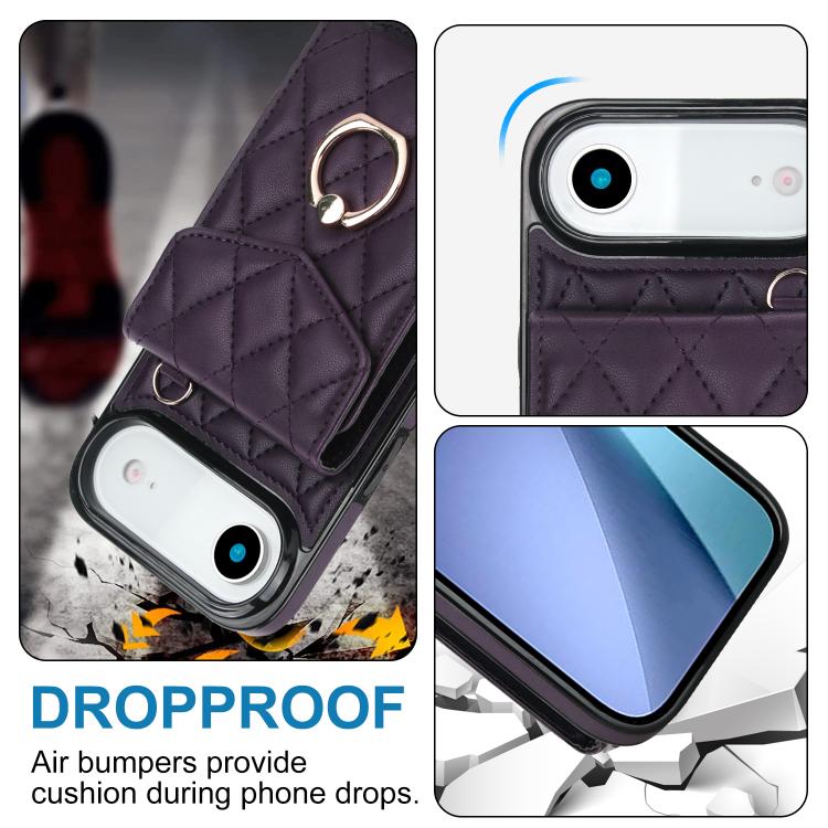 For iPhone Air Rhombic Texture Card Bag Phone Case with Long Lanyard