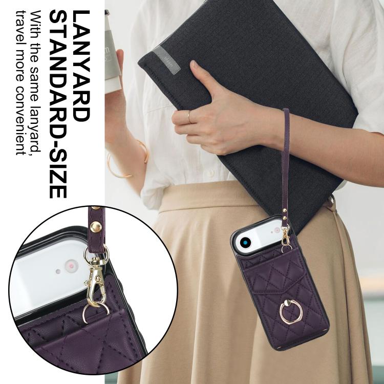 For iPhone Air Rhombic Texture Card Bag Phone Case with Long Lanyard