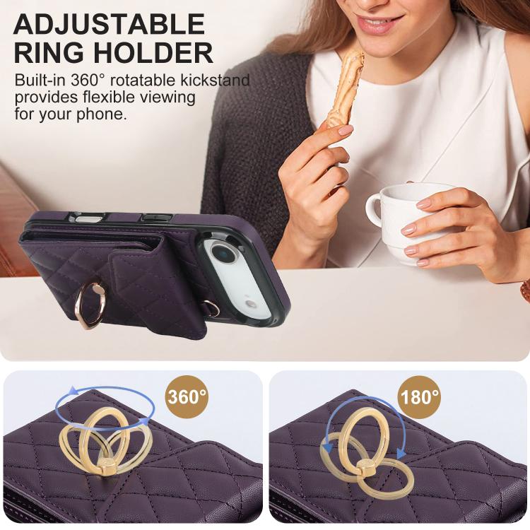 For iPhone Air Rhombic Texture Card Bag Phone Case with Long Lanyard