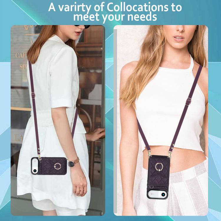 For iPhone Air Rhombic Texture Card Bag Phone Case with Long Lanyard