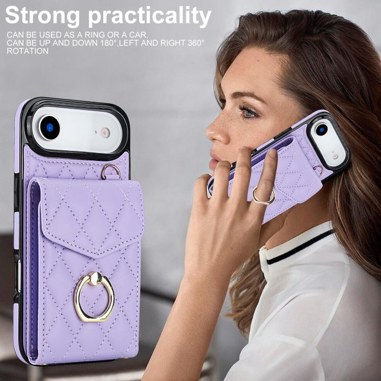 For iPhone Air Rhombic Texture Card Bag Phone Case with Long Lanyard