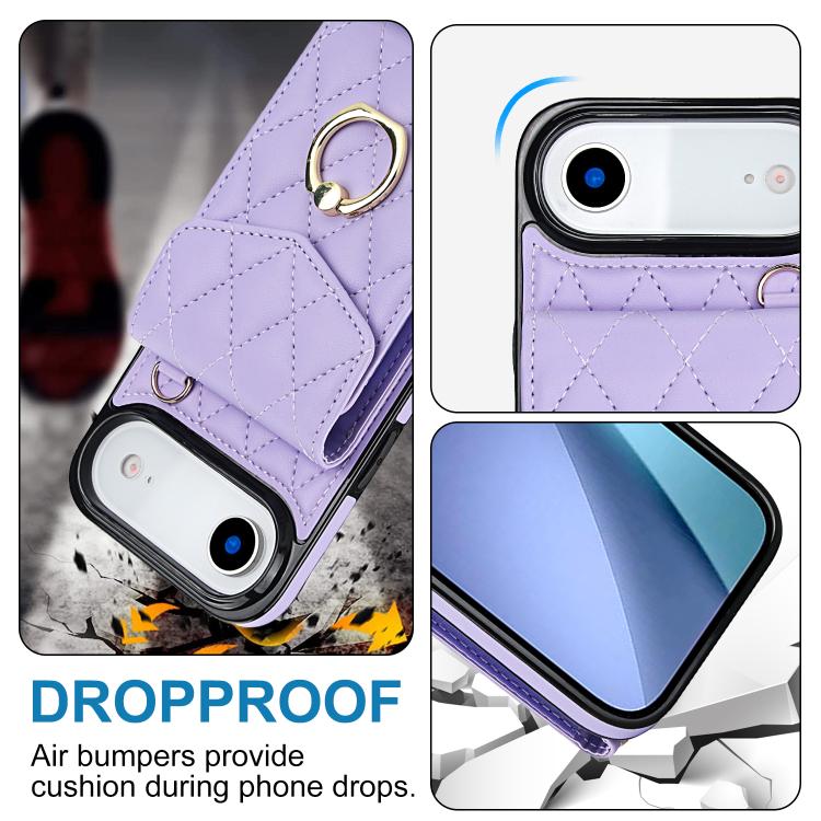 For iPhone Air Rhombic Texture Card Bag Phone Case with Long Lanyard