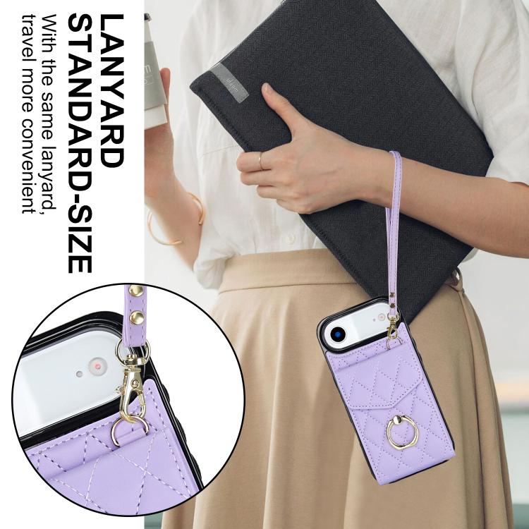 For iPhone Air Rhombic Texture Card Bag Phone Case with Long Lanyard