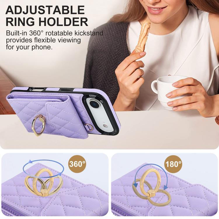 For iPhone Air Rhombic Texture Card Bag Phone Case with Long Lanyard