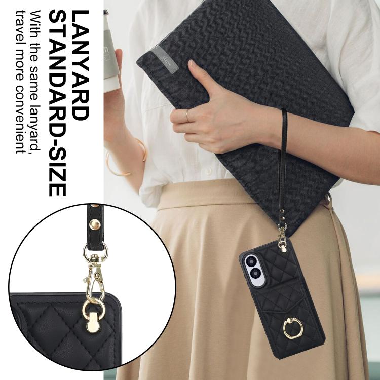 For Samsung Galaxy S25 Edge 5G Rhombic Texture Card Bag Phone Case with Long Lanyard