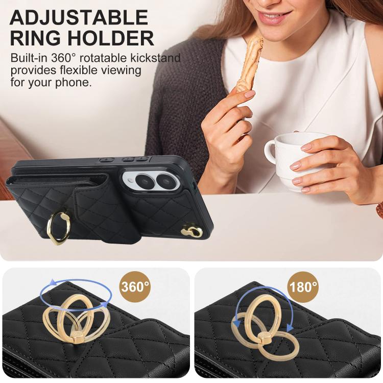 For Samsung Galaxy S25 Edge 5G Rhombic Texture Card Bag Phone Case with Long Lanyard