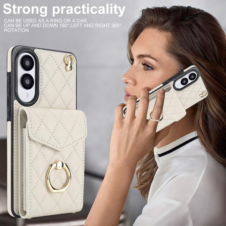For Samsung Galaxy S25 Edge 5G Rhombic Texture Card Bag Phone Case with Long Lanyard