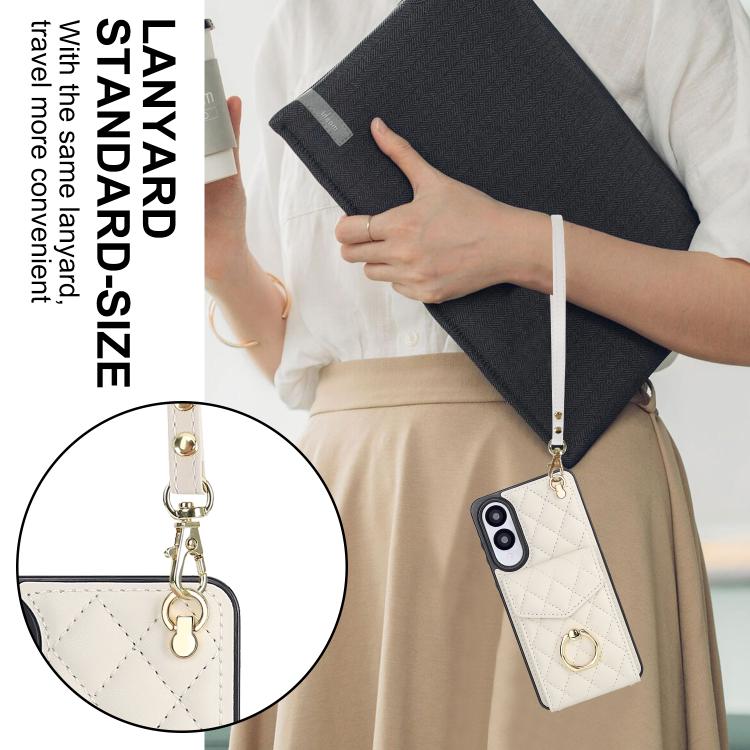 For Samsung Galaxy S25 Edge 5G Rhombic Texture Card Bag Phone Case with Long Lanyard