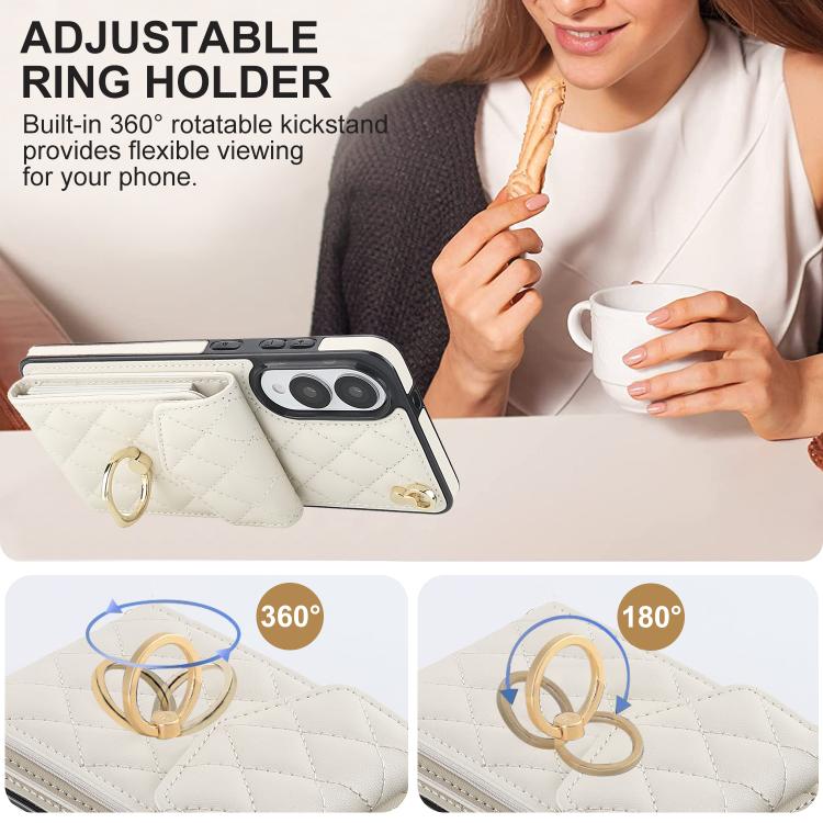 For Samsung Galaxy S25 Edge 5G Rhombic Texture Card Bag Phone Case with Long Lanyard