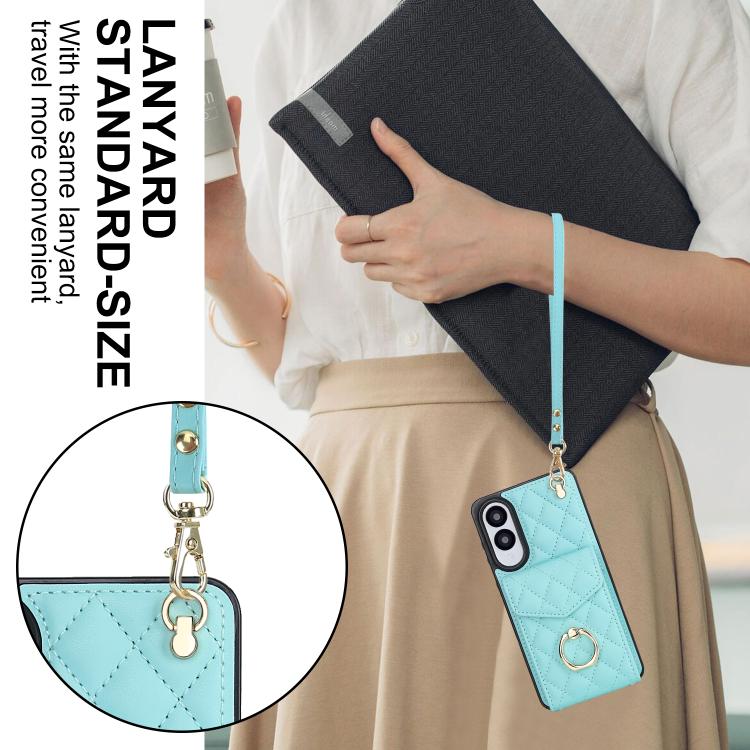 For Samsung Galaxy S25 Edge 5G Rhombic Texture Card Bag Phone Case with Long Lanyard