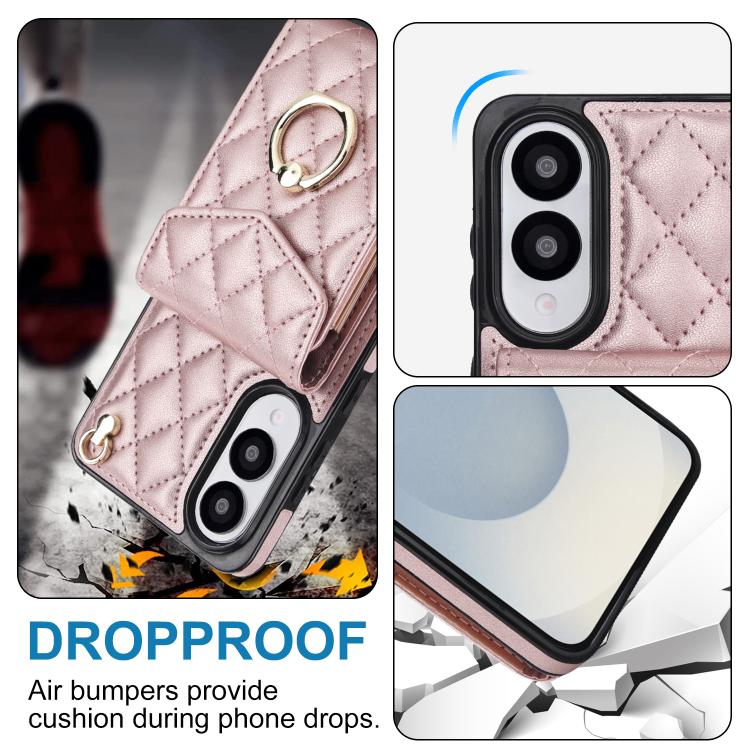 For Samsung Galaxy S25 Edge 5G Rhombic Texture Card Bag Phone Case with Long Lanyard