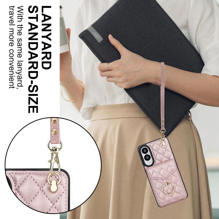 For Samsung Galaxy S25 Edge 5G Rhombic Texture Card Bag Phone Case with Long Lanyard