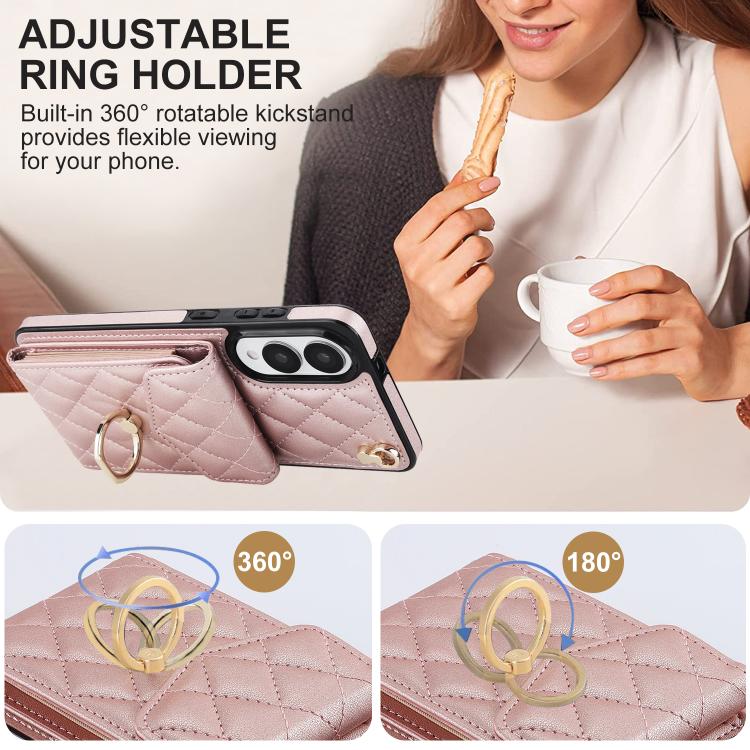 For Samsung Galaxy S25 Edge 5G Rhombic Texture Card Bag Phone Case with Long Lanyard