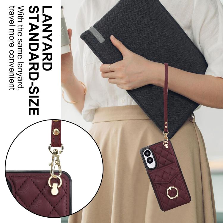 For Samsung Galaxy S25 Edge 5G Rhombic Texture Card Bag Phone Case with Long Lanyard