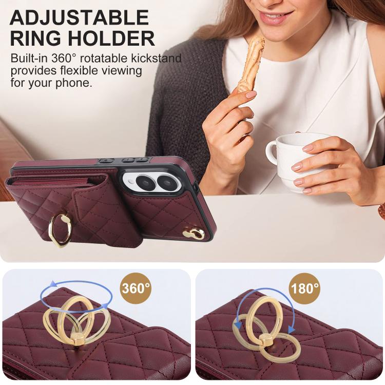 For Samsung Galaxy S25 Edge 5G Rhombic Texture Card Bag Phone Case with Long Lanyard