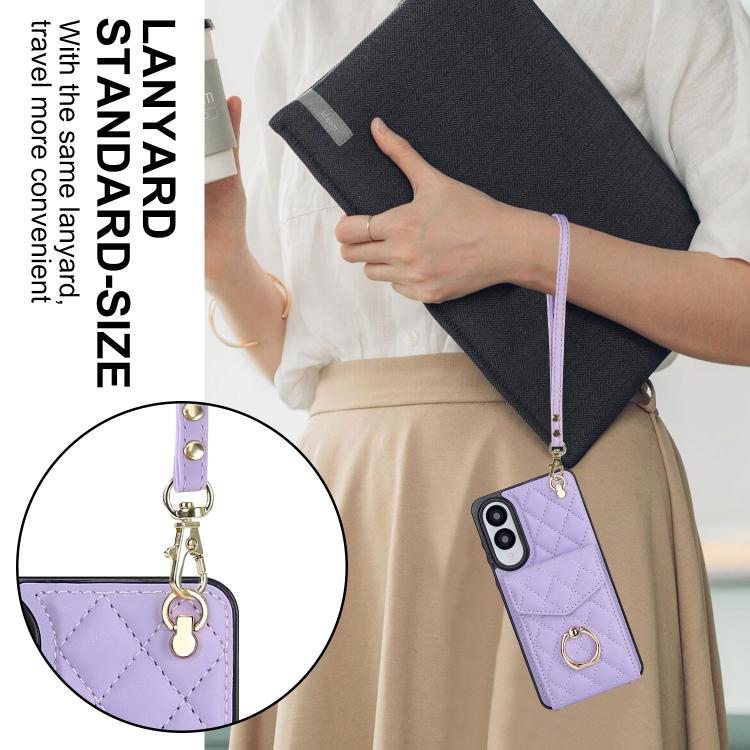 For Samsung Galaxy S25 Edge 5G Rhombic Texture Card Bag Phone Case with Long Lanyard