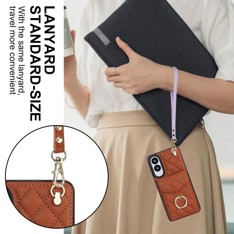 For Samsung Galaxy S25 Edge 5G Rhombic Texture Card Bag Phone Case with Long Lanyard