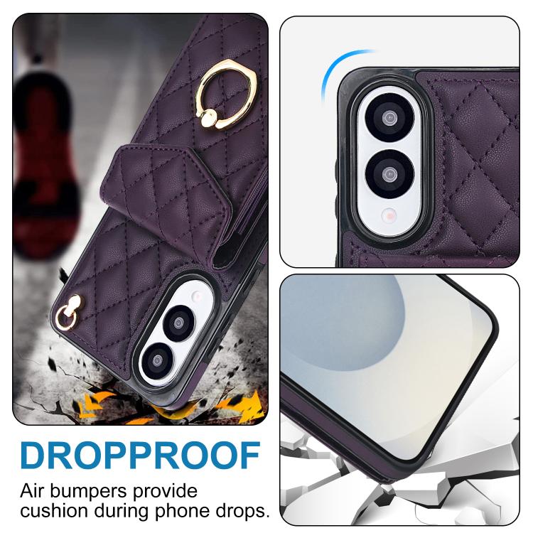 For Samsung Galaxy S25 Edge 5G Rhombic Texture Card Bag Phone Case with Long Lanyard