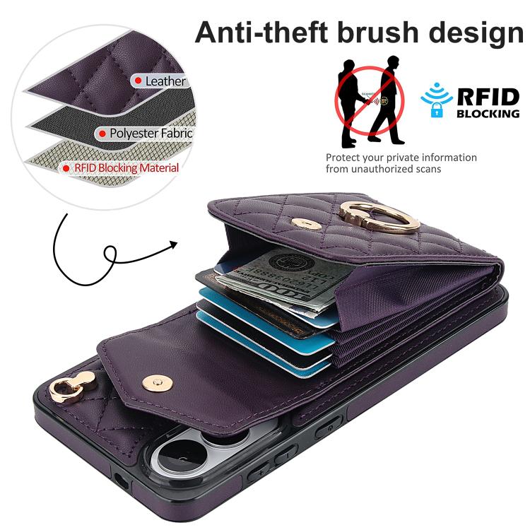 For Samsung Galaxy S25 Edge 5G Rhombic Texture Card Bag Phone Case with Long Lanyard