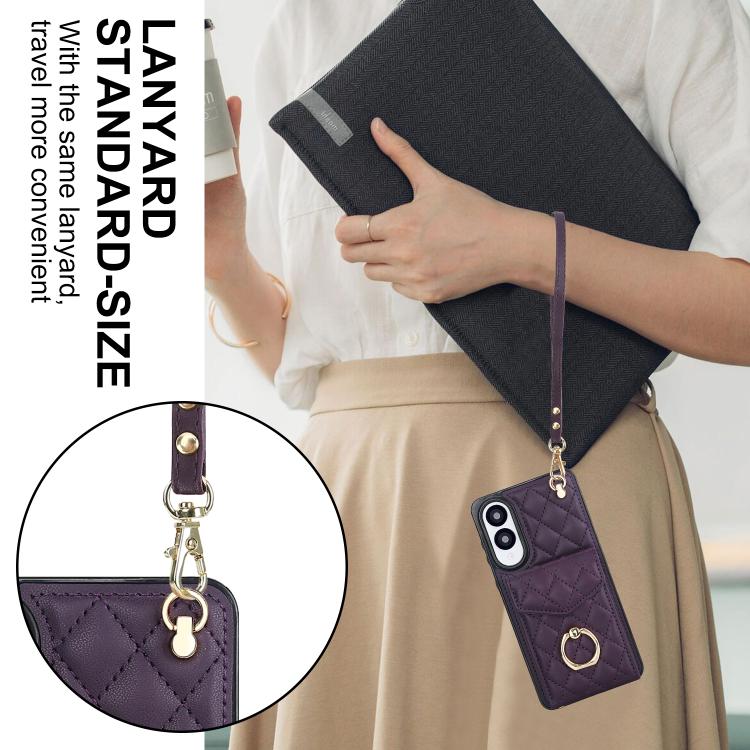 For Samsung Galaxy S25 Edge 5G Rhombic Texture Card Bag Phone Case with Long Lanyard