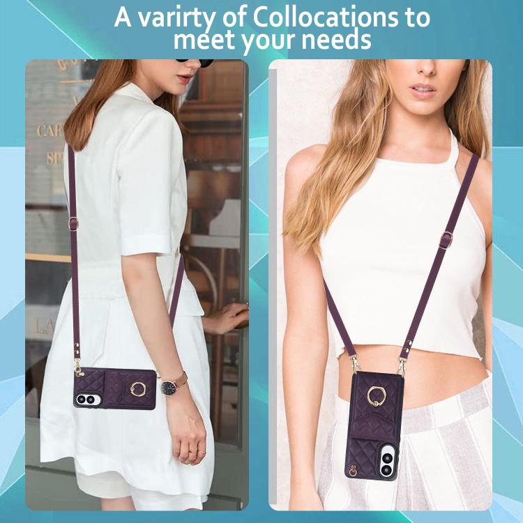 For Samsung Galaxy S25 Edge 5G Rhombic Texture Card Bag Phone Case with Long Lanyard