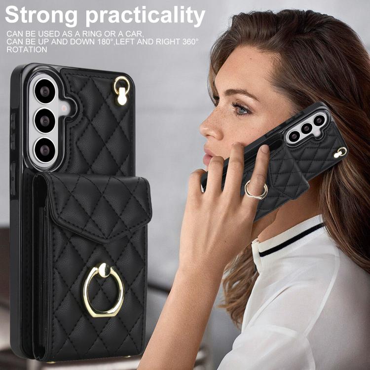 For Samsung Galaxy S26+ 5G Rhombic Texture Card Bag Phone Case with Long Lanyard