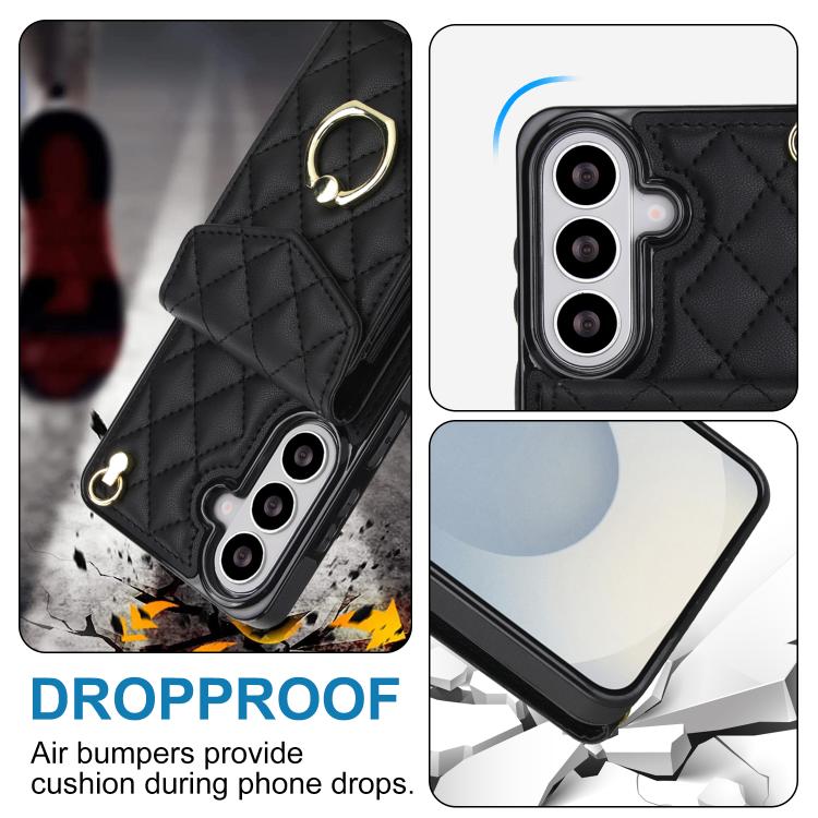 For Samsung Galaxy S26+ 5G Rhombic Texture Card Bag Phone Case with Long Lanyard