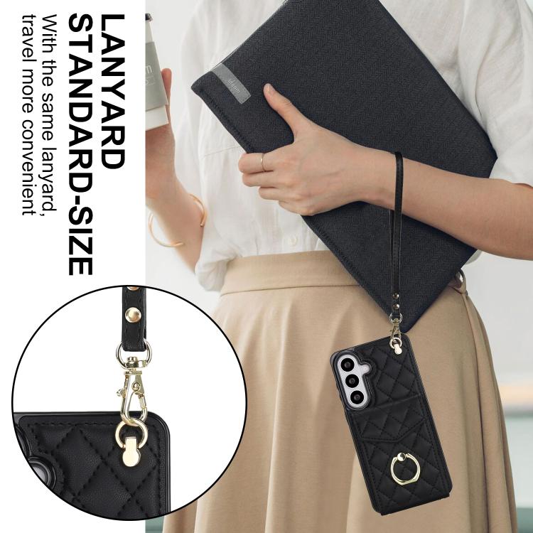 For Samsung Galaxy S26+ 5G Rhombic Texture Card Bag Phone Case with Long Lanyard